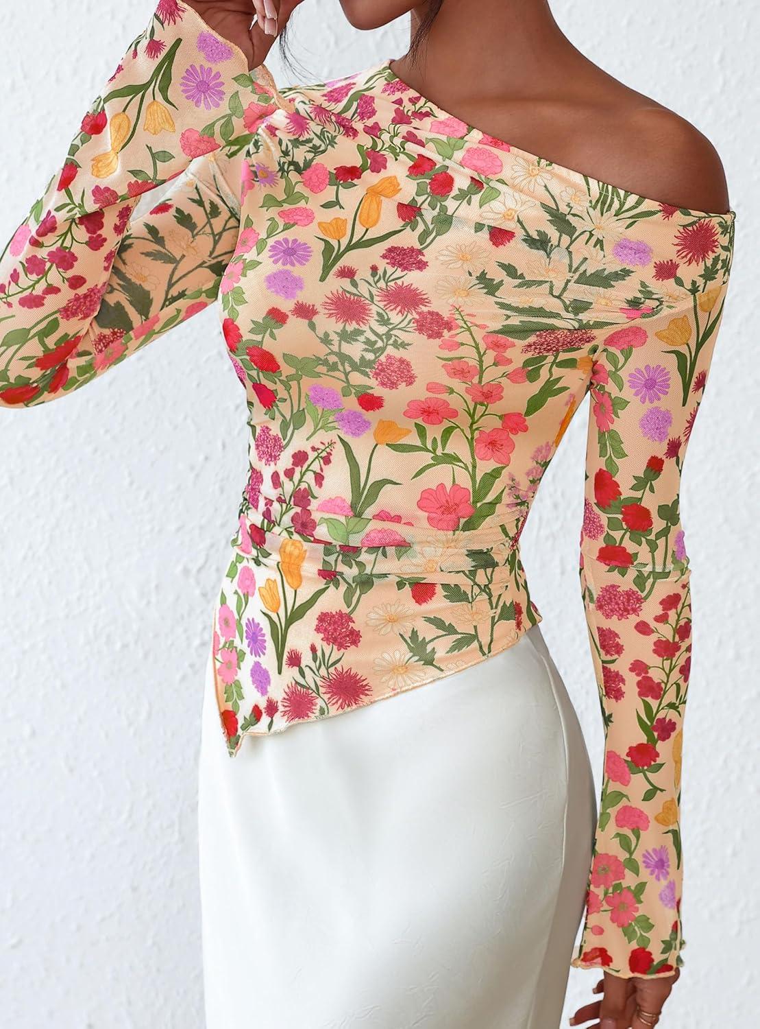 imagePRETTYGARDEN Womens Fall Trendy Off Shoulder Y2k Tops 2025 Tie Dye Mesh Long Sleeve Shirts Asymmetrical Ruched Floral BlouseFloral Apricot Multi