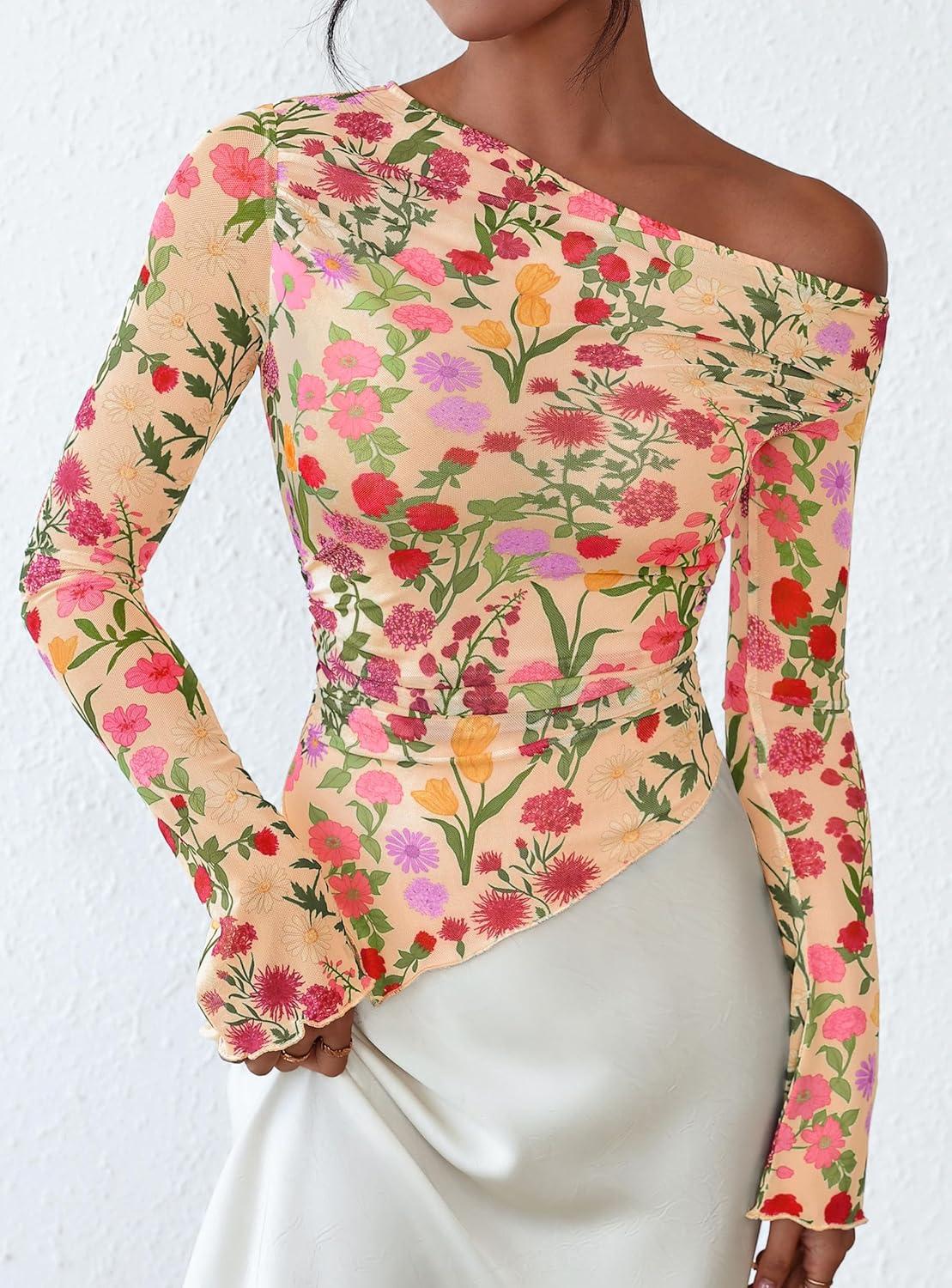 imagePRETTYGARDEN Womens Fall Trendy Off Shoulder Y2k Tops 2025 Tie Dye Mesh Long Sleeve Shirts Asymmetrical Ruched Floral BlouseFloral Apricot Multi