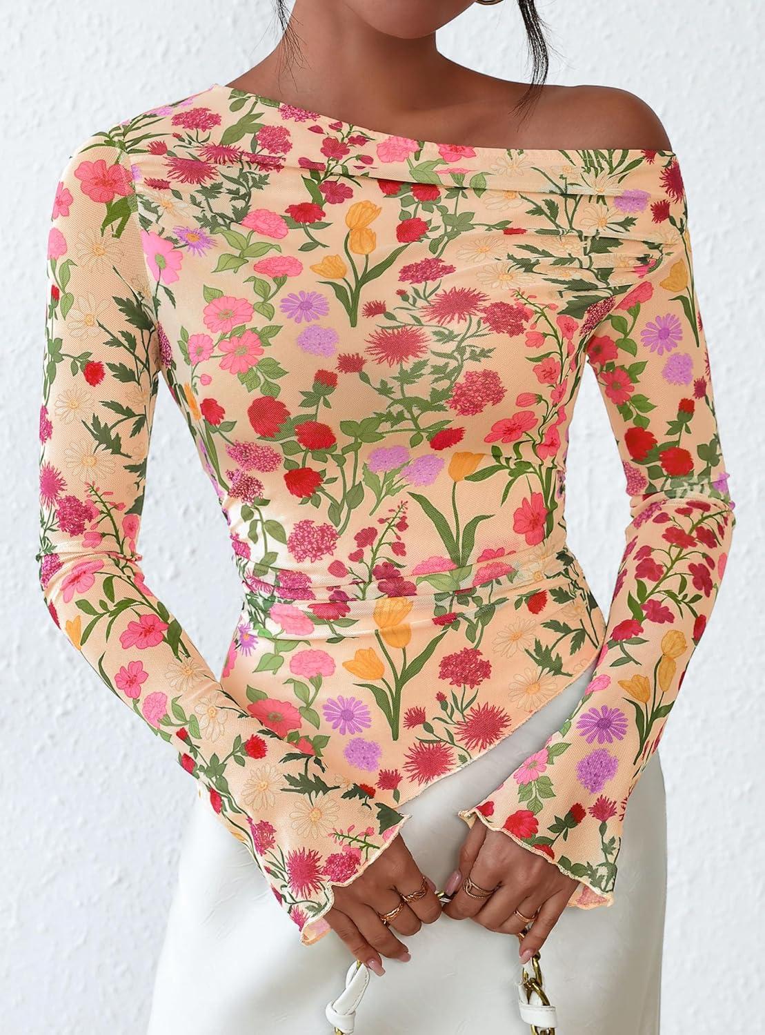 imagePRETTYGARDEN Womens Fall Trendy Off Shoulder Y2k Tops 2025 Tie Dye Mesh Long Sleeve Shirts Asymmetrical Ruched Floral BlouseFloral Apricot Multi