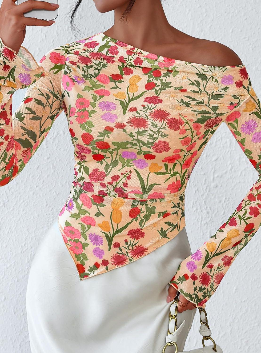 imagePRETTYGARDEN Womens Fall Trendy Off Shoulder Y2k Tops 2025 Tie Dye Mesh Long Sleeve Shirts Asymmetrical Ruched Floral BlouseFloral Apricot Multi