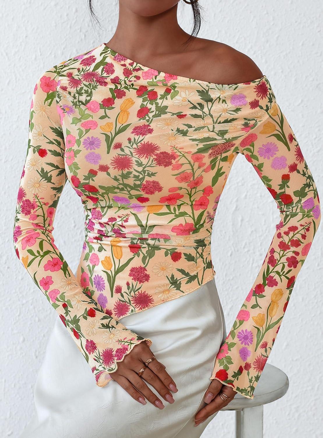imagePRETTYGARDEN Womens Fall Trendy Off Shoulder Y2k Tops 2025 Tie Dye Mesh Long Sleeve Shirts Asymmetrical Ruched Floral BlouseFloral Apricot Multi