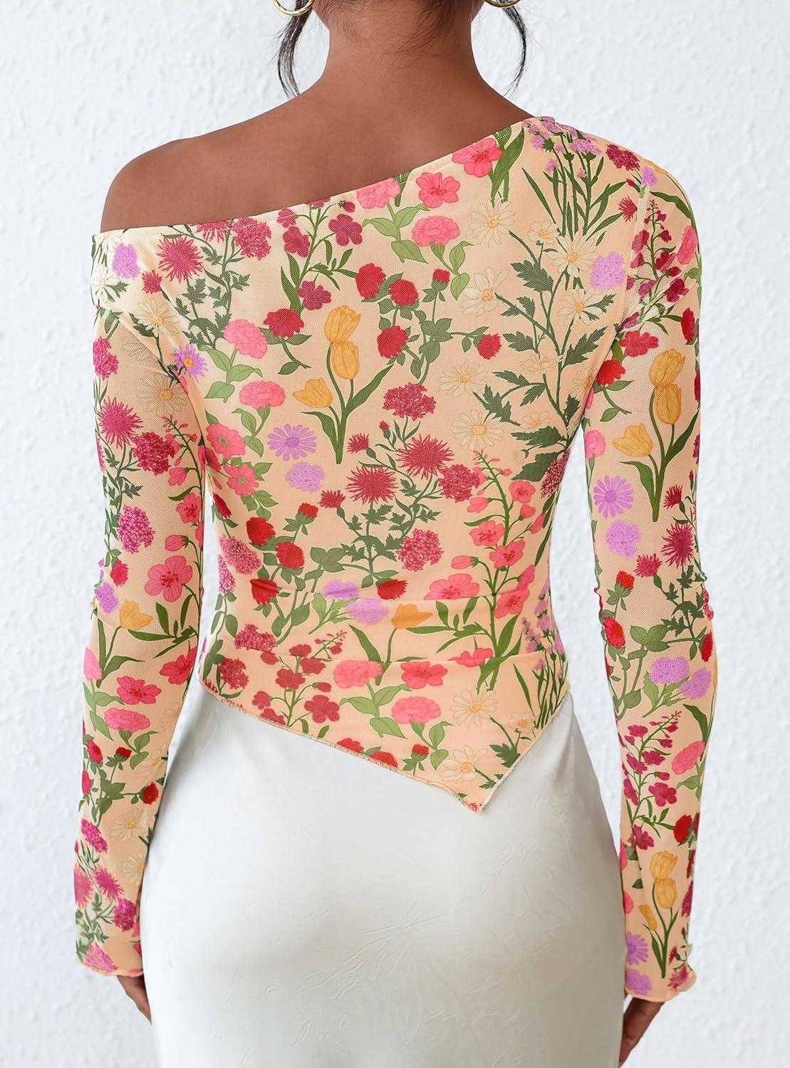 imagePRETTYGARDEN Womens Fall Trendy Off Shoulder Y2k Tops 2025 Tie Dye Mesh Long Sleeve Shirts Asymmetrical Ruched Floral BlouseFloral Apricot Multi