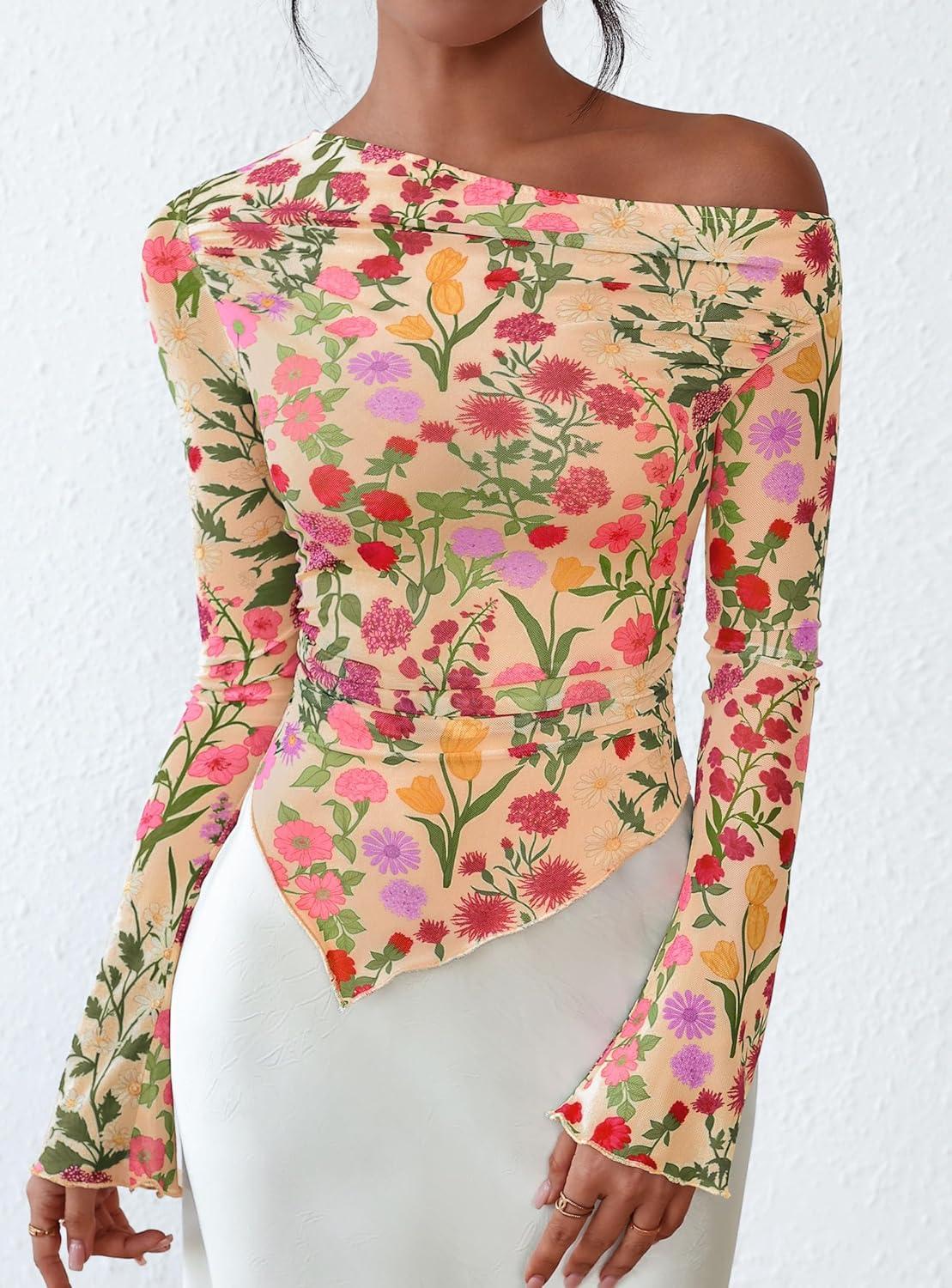 imagePRETTYGARDEN Womens Fall Trendy Off Shoulder Y2k Tops 2025 Tie Dye Mesh Long Sleeve Shirts Asymmetrical Ruched Floral BlouseFloral Apricot Multi