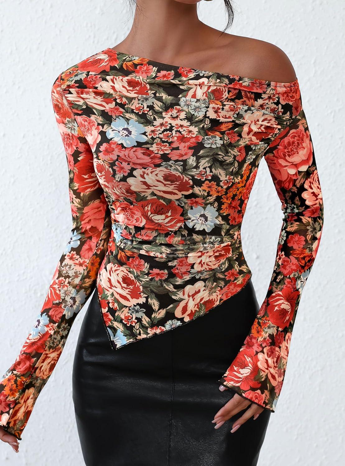 imagePRETTYGARDEN Womens Fall Trendy Off Shoulder Y2k Tops 2025 Tie Dye Mesh Long Sleeve Shirts Asymmetrical Ruched Floral BlouseFloral Black Multicolored