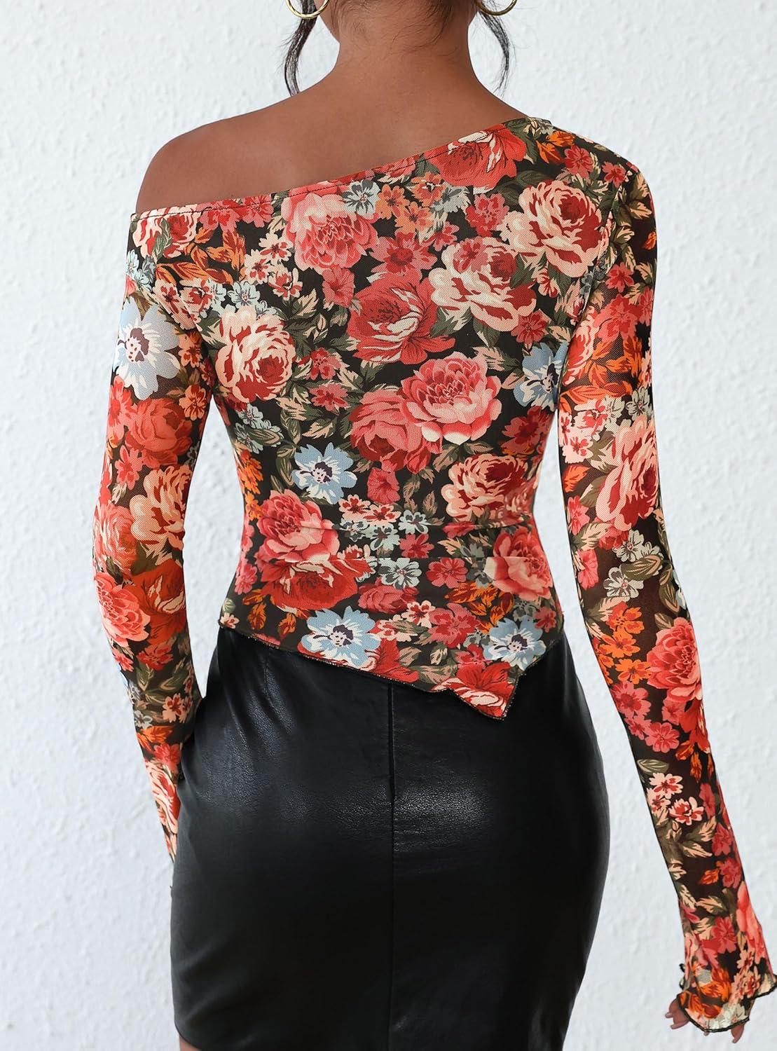 imagePRETTYGARDEN Womens Fall Trendy Off Shoulder Y2k Tops 2025 Tie Dye Mesh Long Sleeve Shirts Asymmetrical Ruched Floral BlouseFloral Black Multicolored