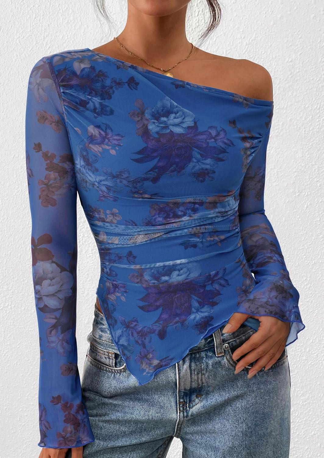 imagePRETTYGARDEN Womens Fall Trendy Off Shoulder Y2k Tops 2025 Tie Dye Mesh Long Sleeve Shirts Asymmetrical Ruched Floral BlouseFloral Blue