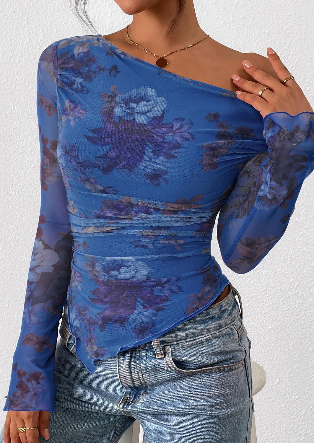 imagePRETTYGARDEN Womens Fall Trendy Off Shoulder Y2k Tops 2025 Tie Dye Mesh Long Sleeve Shirts Asymmetrical Ruched Floral BlouseFloral Blue