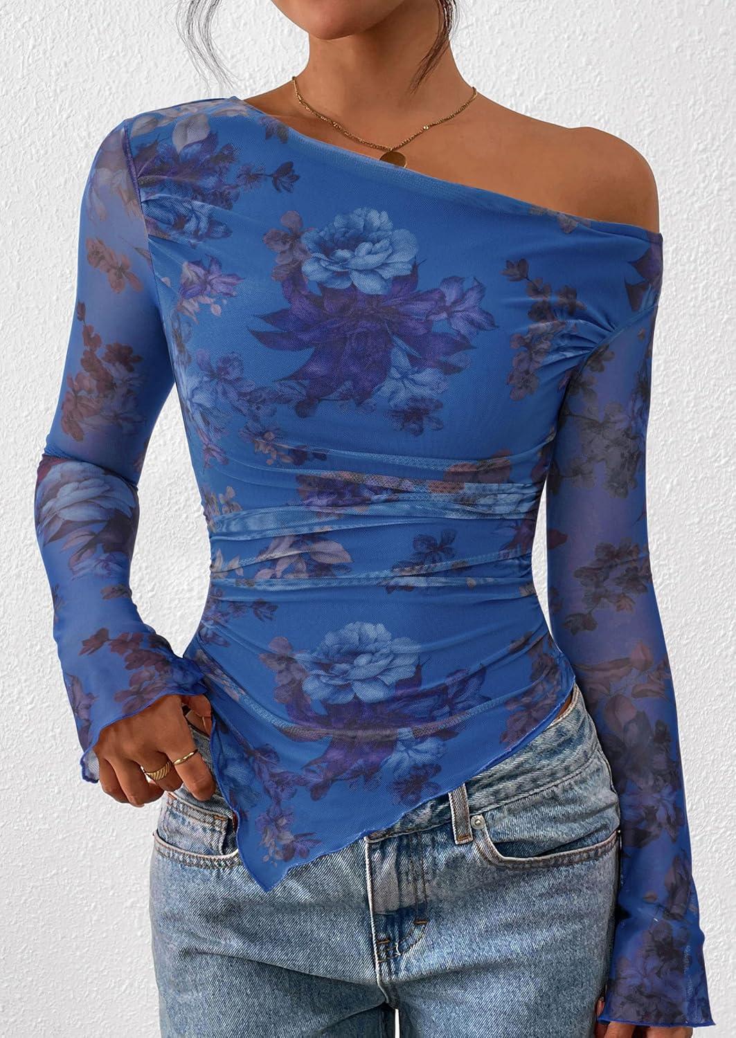 imagePRETTYGARDEN Womens Fall Trendy Off Shoulder Y2k Tops 2025 Tie Dye Mesh Long Sleeve Shirts Asymmetrical Ruched Floral BlouseFloral Blue