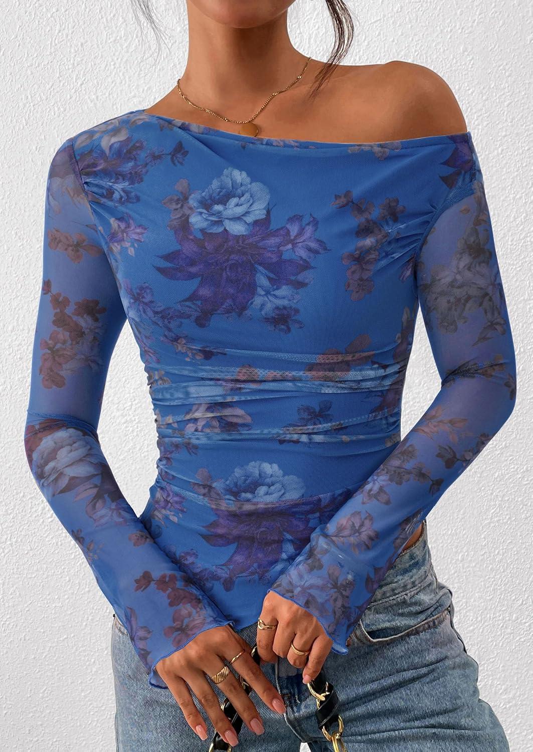 imagePRETTYGARDEN Womens Fall Trendy Off Shoulder Y2k Tops 2025 Tie Dye Mesh Long Sleeve Shirts Asymmetrical Ruched Floral BlouseFloral Blue