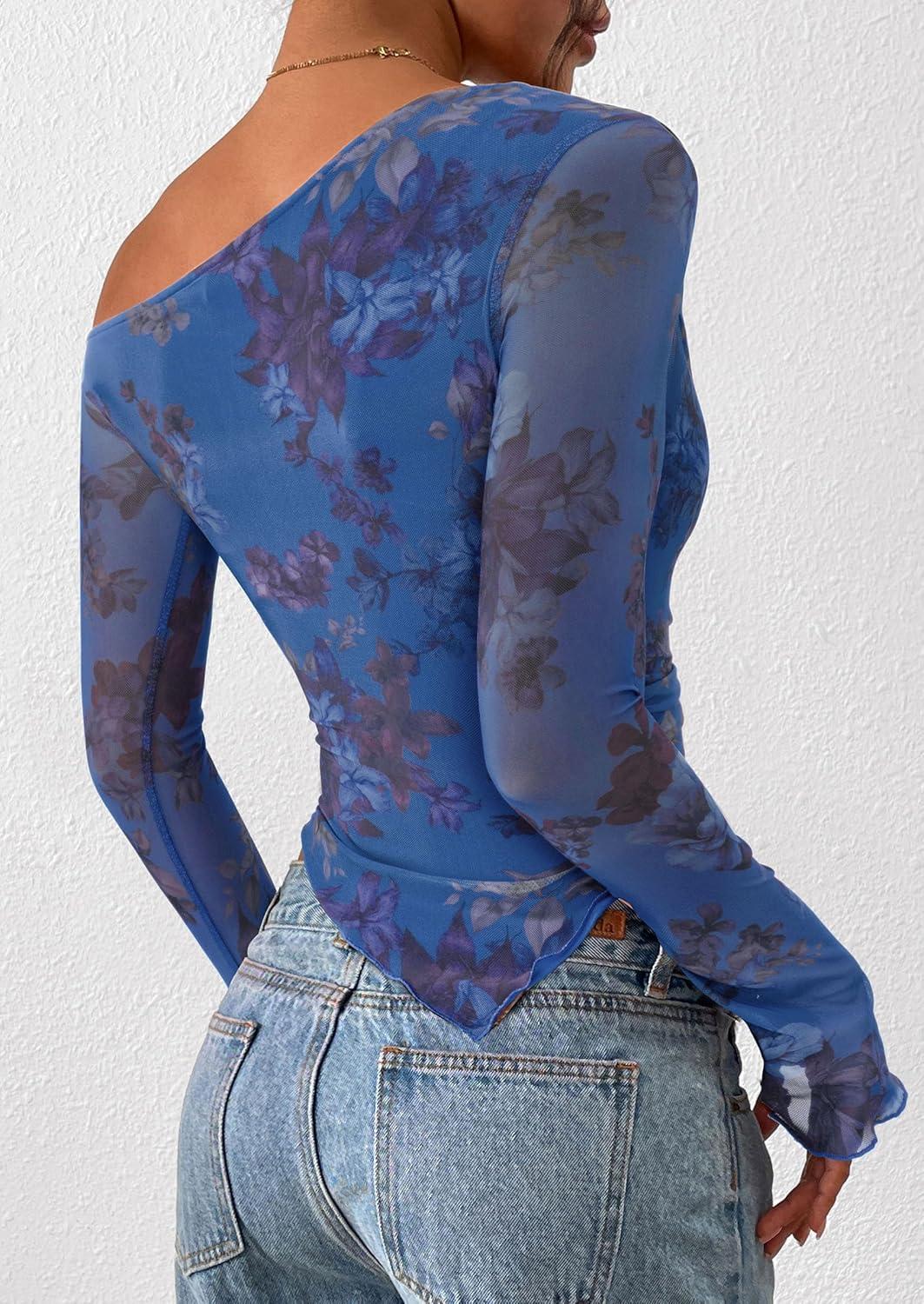 imagePRETTYGARDEN Womens Fall Trendy Off Shoulder Y2k Tops 2025 Tie Dye Mesh Long Sleeve Shirts Asymmetrical Ruched Floral BlouseFloral Blue