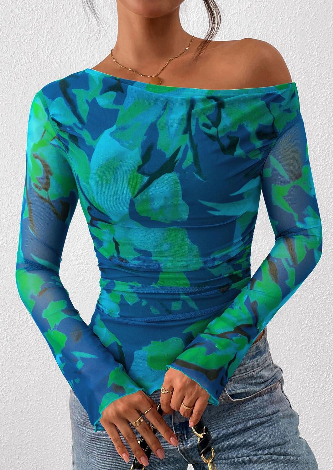 imagePRETTYGARDEN Womens Fall Trendy Off Shoulder Y2k Tops 2025 Tie Dye Mesh Long Sleeve Shirts Asymmetrical Ruched Floral BlouseFloral Green