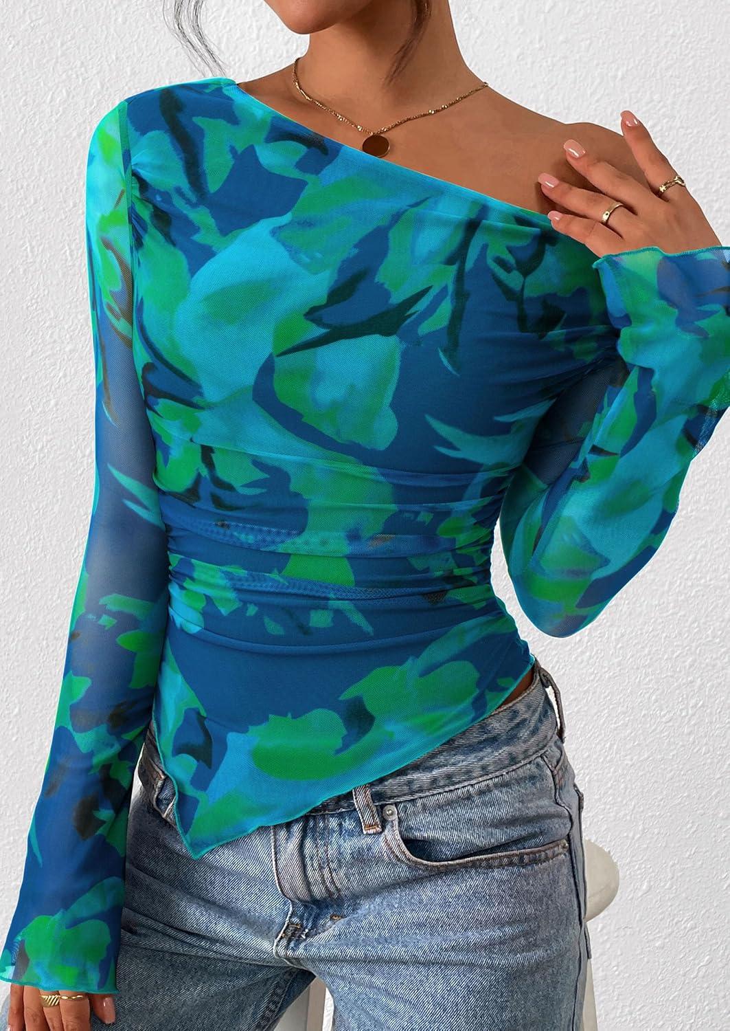 imagePRETTYGARDEN Womens Fall Trendy Off Shoulder Y2k Tops 2025 Tie Dye Mesh Long Sleeve Shirts Asymmetrical Ruched Floral BlouseFloral Green