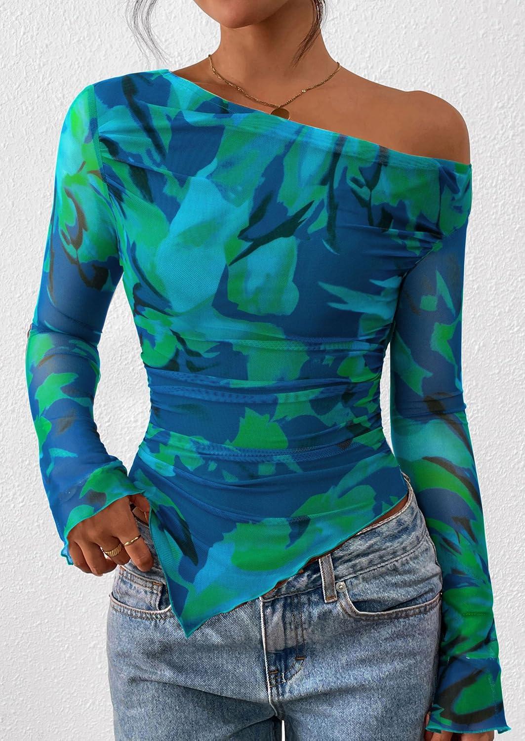 imagePRETTYGARDEN Womens Fall Trendy Off Shoulder Y2k Tops 2025 Tie Dye Mesh Long Sleeve Shirts Asymmetrical Ruched Floral BlouseFloral Green