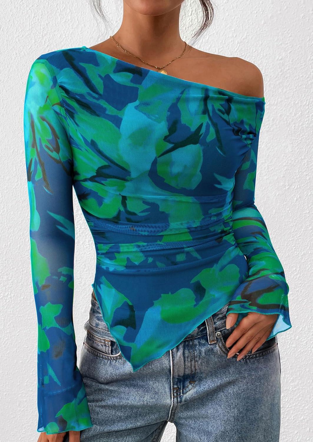imagePRETTYGARDEN Womens Fall Trendy Off Shoulder Y2k Tops 2025 Tie Dye Mesh Long Sleeve Shirts Asymmetrical Ruched Floral BlouseFloral Green