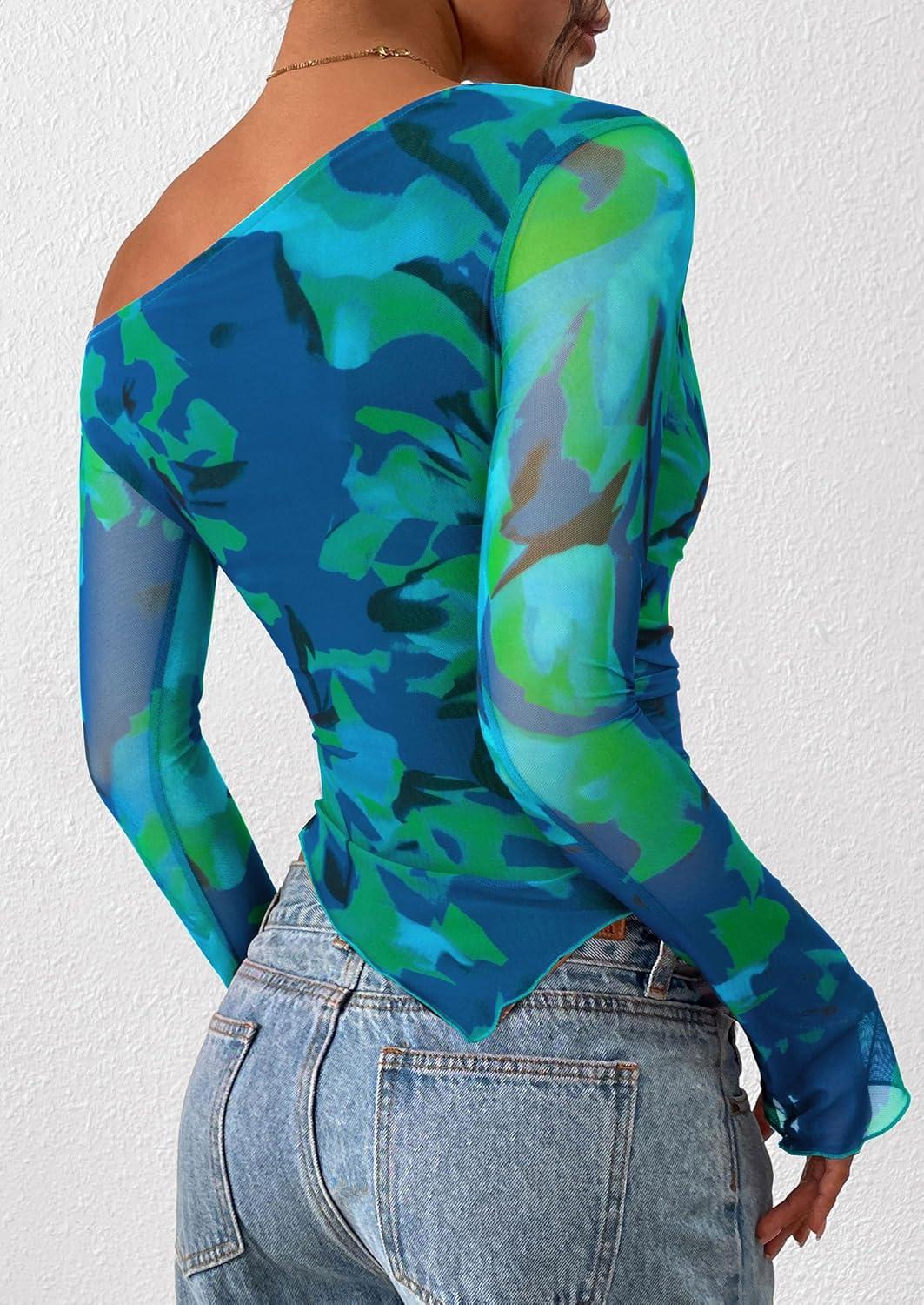 imagePRETTYGARDEN Womens Fall Trendy Off Shoulder Y2k Tops 2025 Tie Dye Mesh Long Sleeve Shirts Asymmetrical Ruched Floral BlouseFloral Green