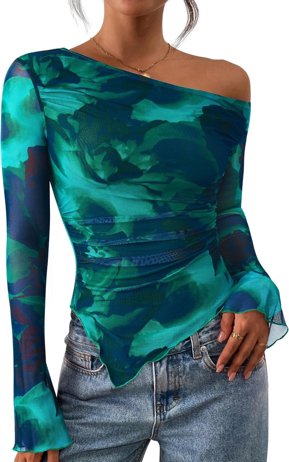 imagePRETTYGARDEN Womens Fall Trendy Off Shoulder Y2k Tops 2025 Tie Dye Mesh Long Sleeve Shirts Asymmetrical Ruched Floral BlouseFloral Lake Blue