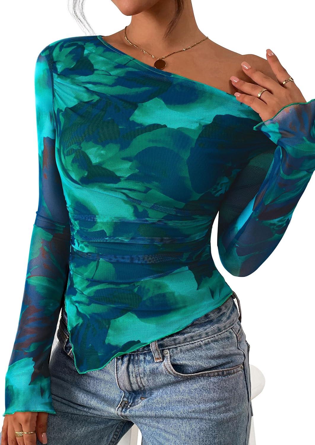 imagePRETTYGARDEN Womens Fall Trendy Off Shoulder Y2k Tops 2025 Tie Dye Mesh Long Sleeve Shirts Asymmetrical Ruched Floral BlouseFloral Lake Blue