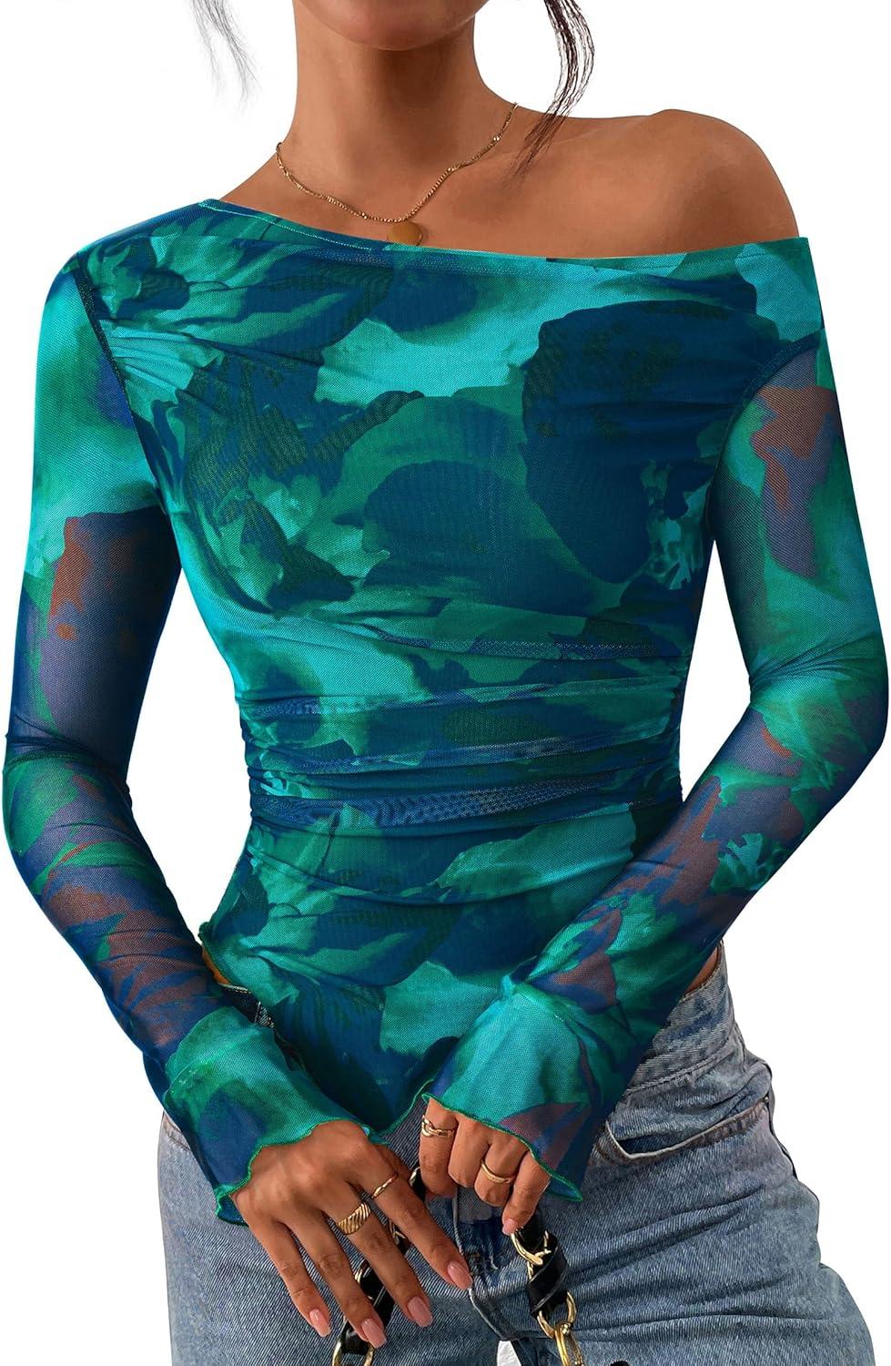 imagePRETTYGARDEN Womens Fall Trendy Off Shoulder Y2k Tops 2025 Tie Dye Mesh Long Sleeve Shirts Asymmetrical Ruched Floral BlouseFloral Lake Blue