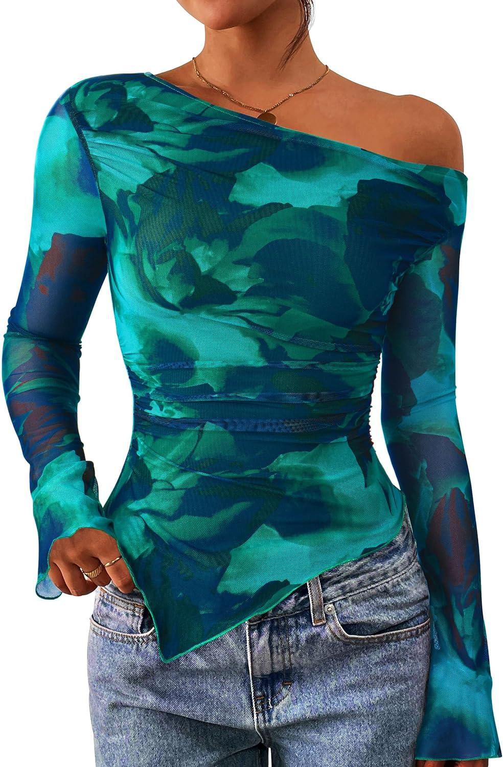 imagePRETTYGARDEN Womens Fall Trendy Off Shoulder Y2k Tops 2025 Tie Dye Mesh Long Sleeve Shirts Asymmetrical Ruched Floral BlouseFloral Lake Blue