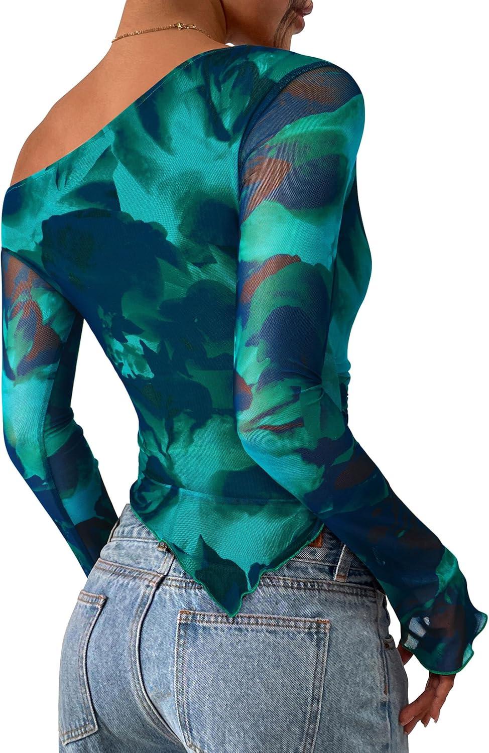imagePRETTYGARDEN Womens Fall Trendy Off Shoulder Y2k Tops 2025 Tie Dye Mesh Long Sleeve Shirts Asymmetrical Ruched Floral BlouseFloral Lake Blue