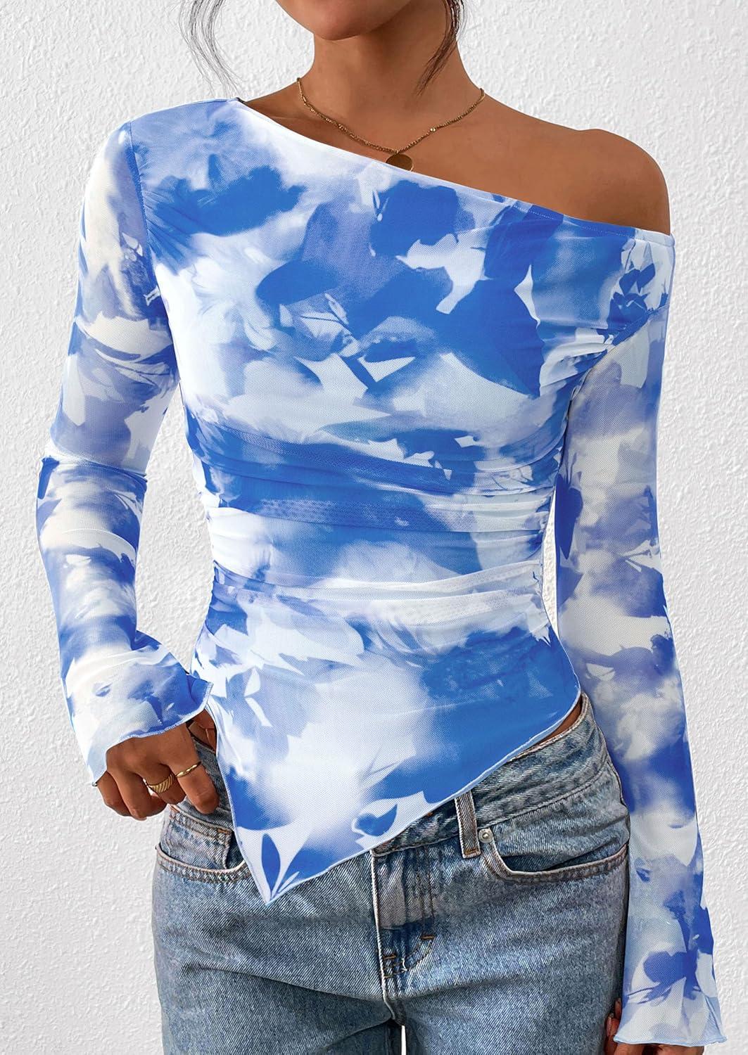 imagePRETTYGARDEN Womens Fall Trendy Off Shoulder Y2k Tops 2025 Tie Dye Mesh Long Sleeve Shirts Asymmetrical Ruched Floral BlouseFloral Light Blue