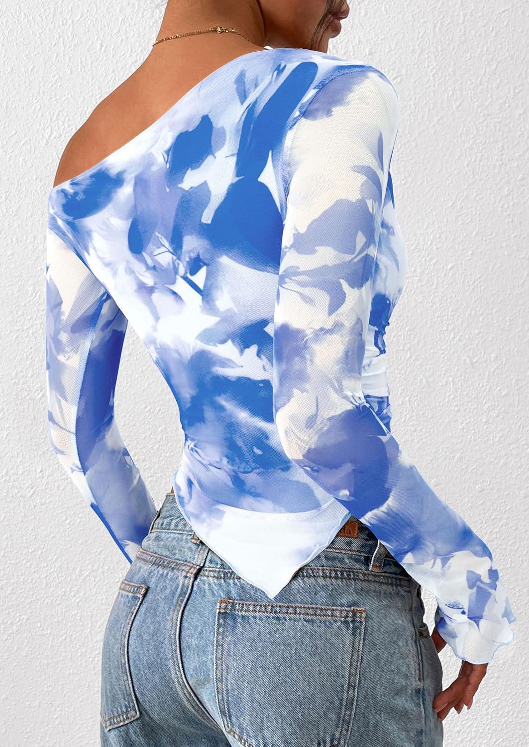 imagePRETTYGARDEN Womens Fall Trendy Off Shoulder Y2k Tops 2025 Tie Dye Mesh Long Sleeve Shirts Asymmetrical Ruched Floral BlouseFloral Light Blue