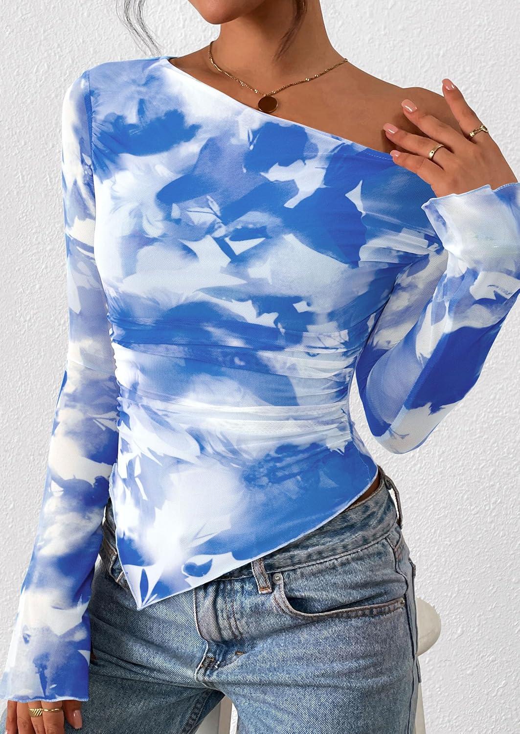 imagePRETTYGARDEN Womens Fall Trendy Off Shoulder Y2k Tops 2025 Tie Dye Mesh Long Sleeve Shirts Asymmetrical Ruched Floral BlouseFloral Light Blue