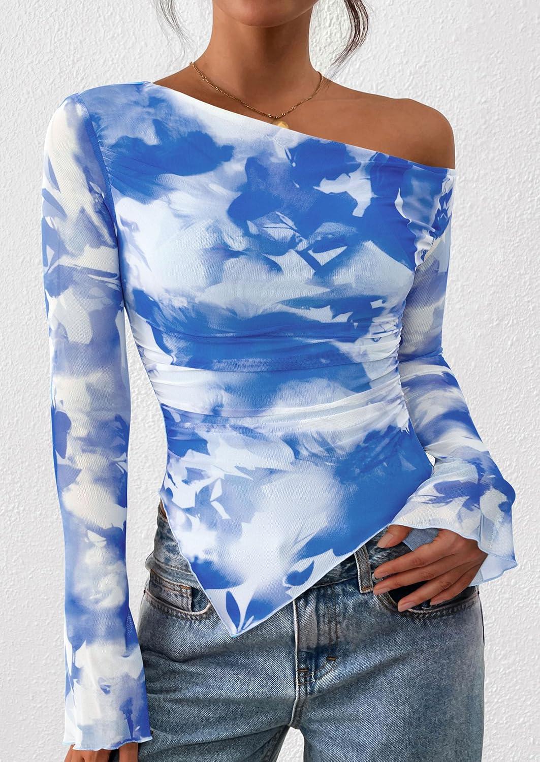 imagePRETTYGARDEN Womens Fall Trendy Off Shoulder Y2k Tops 2025 Tie Dye Mesh Long Sleeve Shirts Asymmetrical Ruched Floral BlouseFloral Light Blue