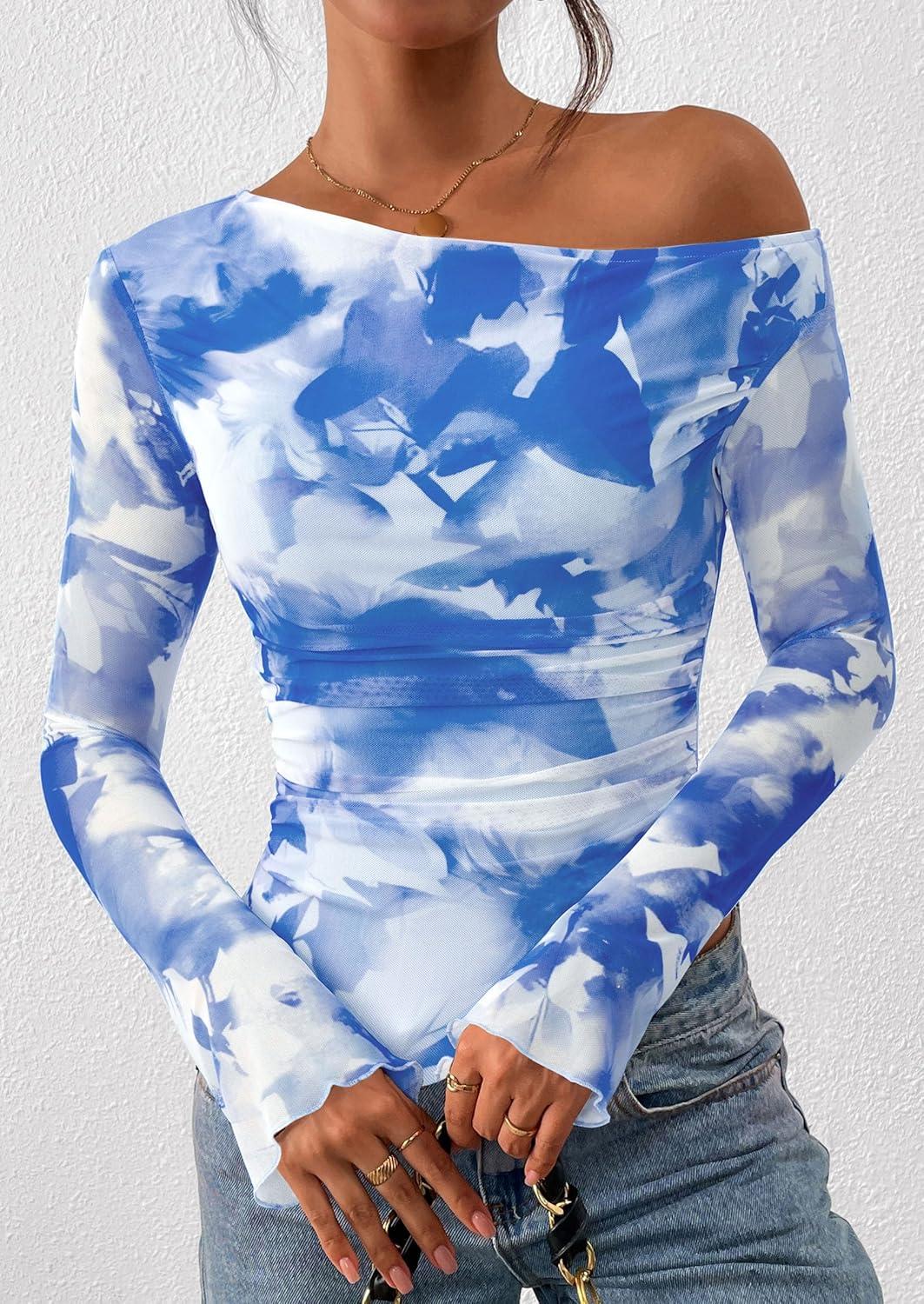 imagePRETTYGARDEN Womens Fall Trendy Off Shoulder Y2k Tops 2025 Tie Dye Mesh Long Sleeve Shirts Asymmetrical Ruched Floral BlouseFloral Light Blue