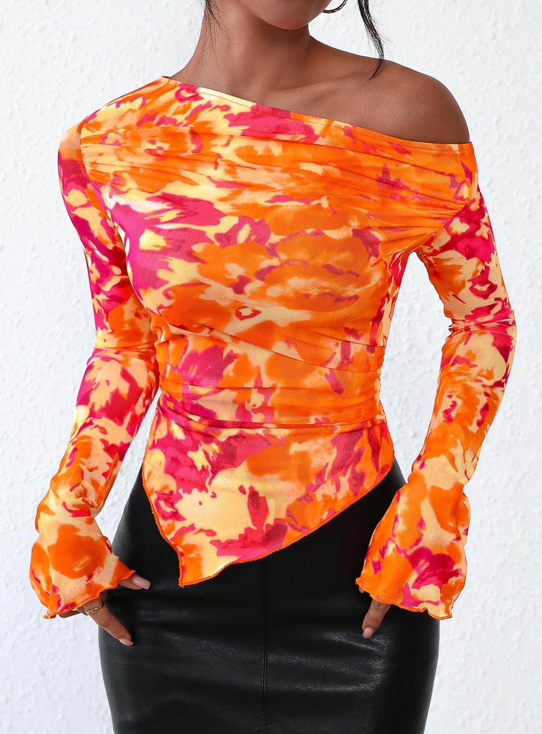 imagePRETTYGARDEN Womens Fall Trendy Off Shoulder Y2k Tops 2025 Tie Dye Mesh Long Sleeve Shirts Asymmetrical Ruched Floral BlouseFloral Orange