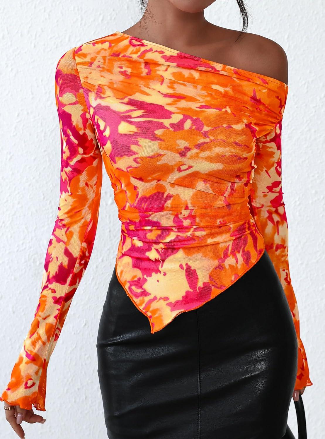 imagePRETTYGARDEN Womens Fall Trendy Off Shoulder Y2k Tops 2025 Tie Dye Mesh Long Sleeve Shirts Asymmetrical Ruched Floral BlouseFloral Orange