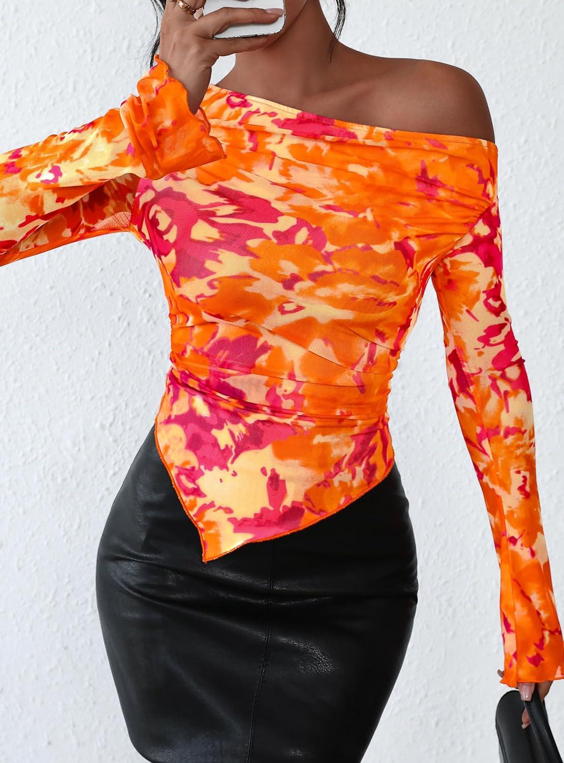 imagePRETTYGARDEN Womens Fall Trendy Off Shoulder Y2k Tops 2025 Tie Dye Mesh Long Sleeve Shirts Asymmetrical Ruched Floral BlouseFloral Orange