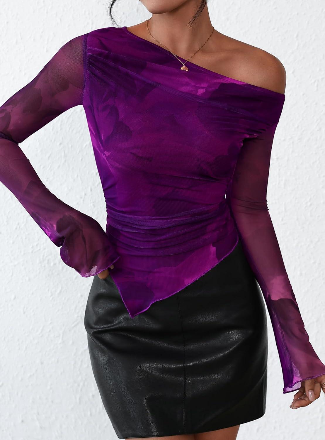 imagePRETTYGARDEN Womens Fall Trendy Off Shoulder Y2k Tops 2025 Tie Dye Mesh Long Sleeve Shirts Asymmetrical Ruched Floral BlousePrint Purple