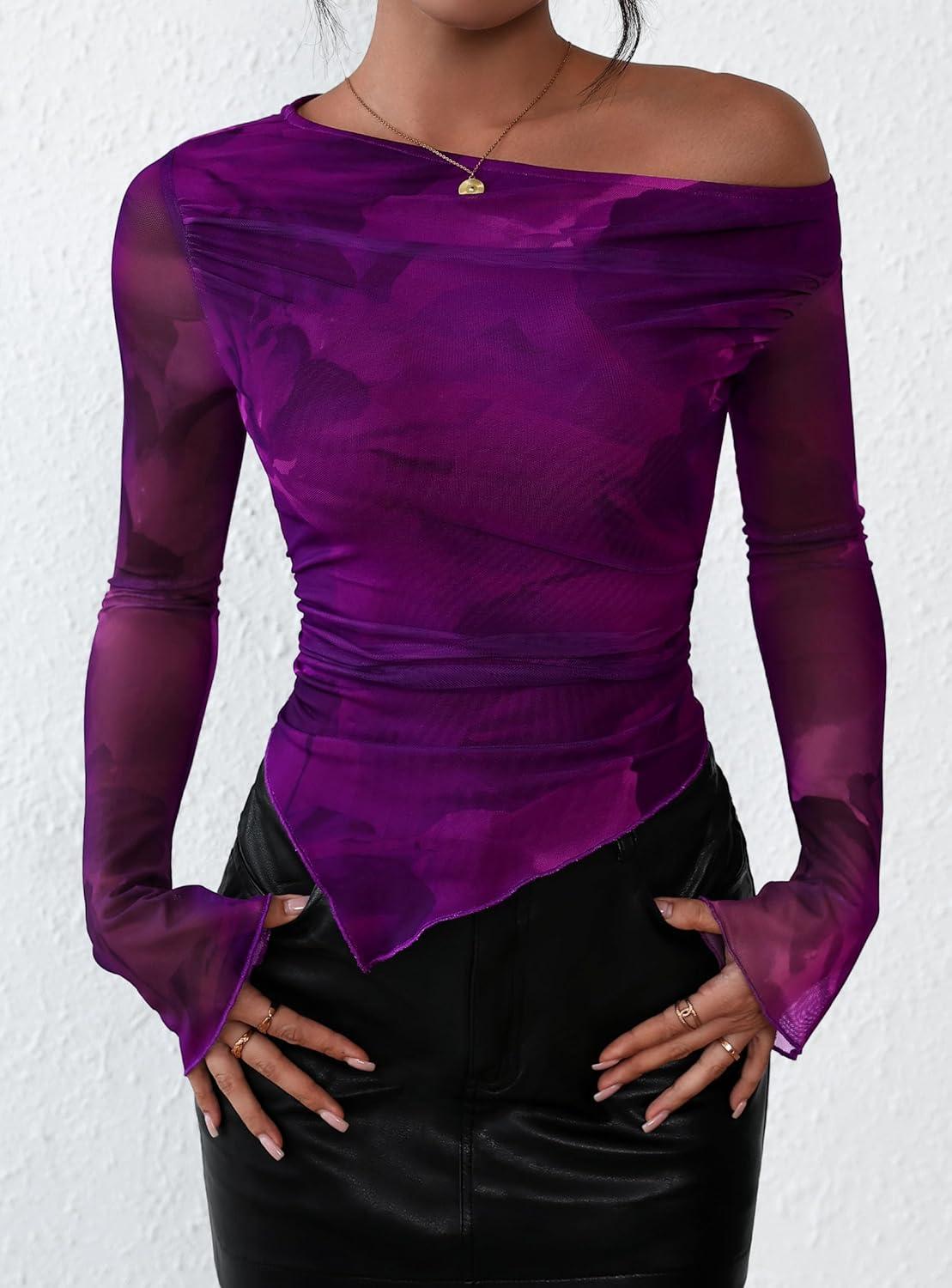 imagePRETTYGARDEN Womens Fall Trendy Off Shoulder Y2k Tops 2025 Tie Dye Mesh Long Sleeve Shirts Asymmetrical Ruched Floral BlousePrint Purple