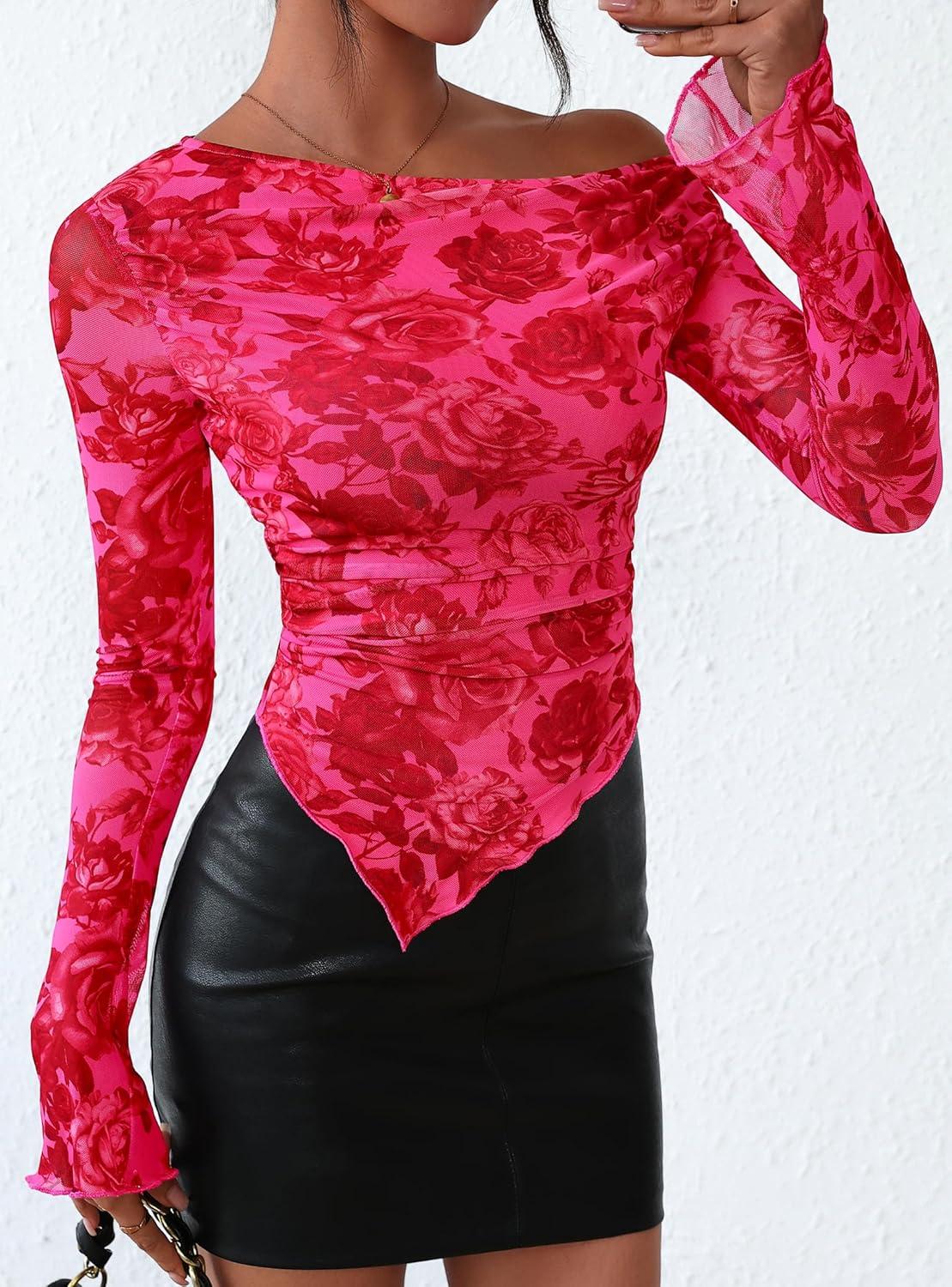 imagePRETTYGARDEN Womens Fall Trendy Off Shoulder Y2k Tops 2025 Tie Dye Mesh Long Sleeve Shirts Asymmetrical Ruched Floral BlouseRose Tan