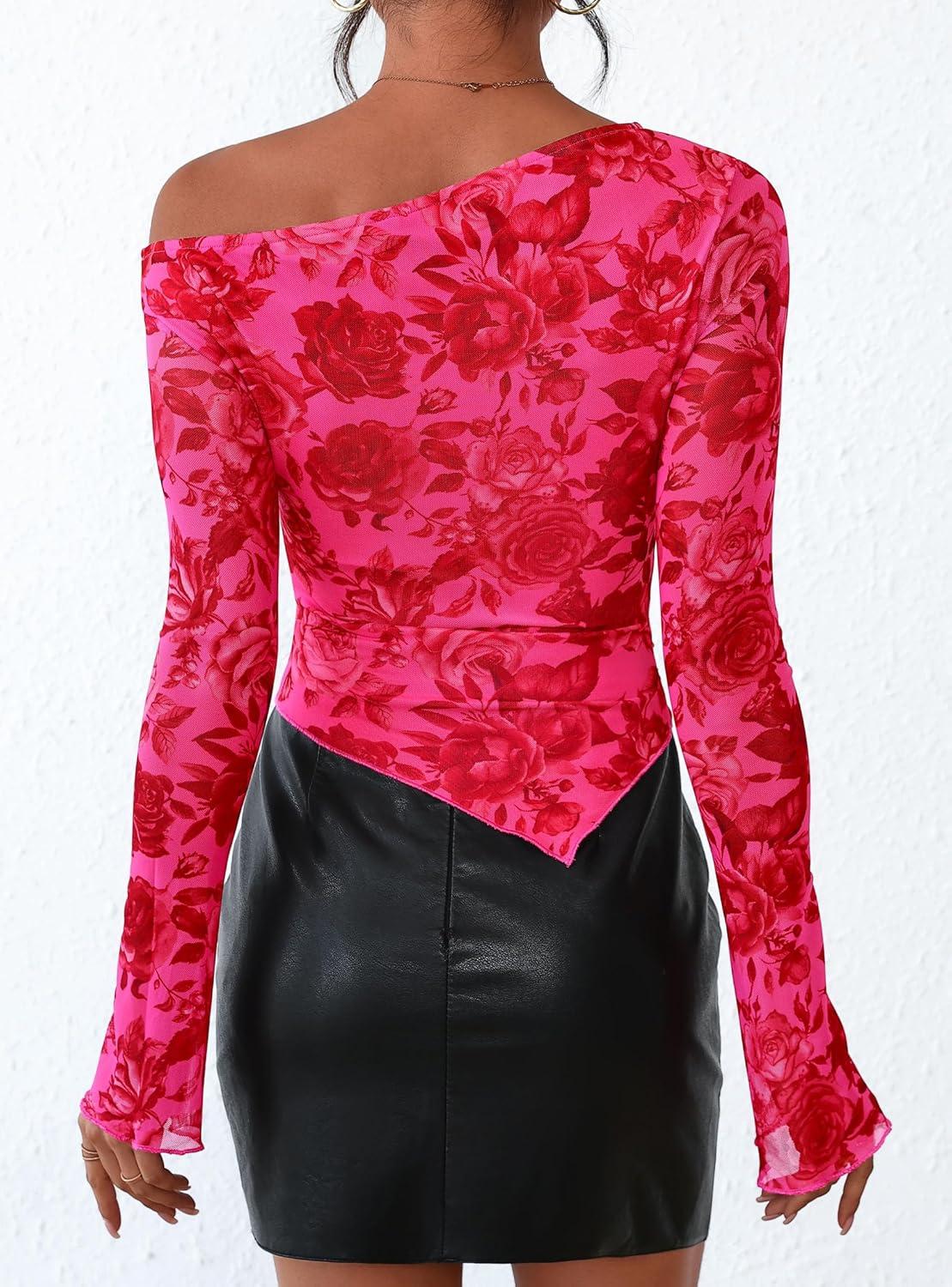 imagePRETTYGARDEN Womens Fall Trendy Off Shoulder Y2k Tops 2025 Tie Dye Mesh Long Sleeve Shirts Asymmetrical Ruched Floral BlouseRose Tan