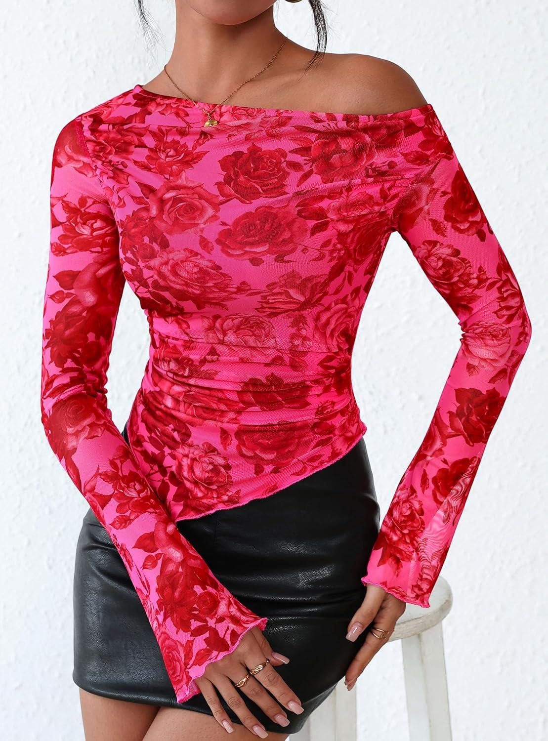 imagePRETTYGARDEN Womens Fall Trendy Off Shoulder Y2k Tops 2025 Tie Dye Mesh Long Sleeve Shirts Asymmetrical Ruched Floral BlouseRose Tan