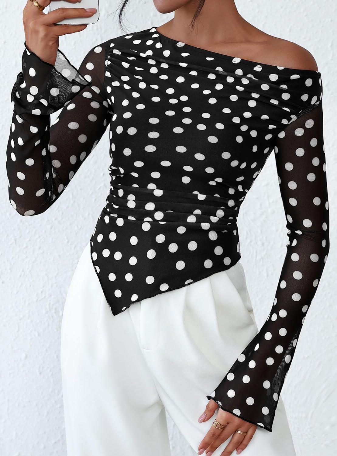 imagePRETTYGARDEN Womens Fall Trendy Off Shoulder Y2k Tops 2025 Tie Dye Mesh Long Sleeve Shirts Asymmetrical Ruched Floral BlouseSmall Dot Black