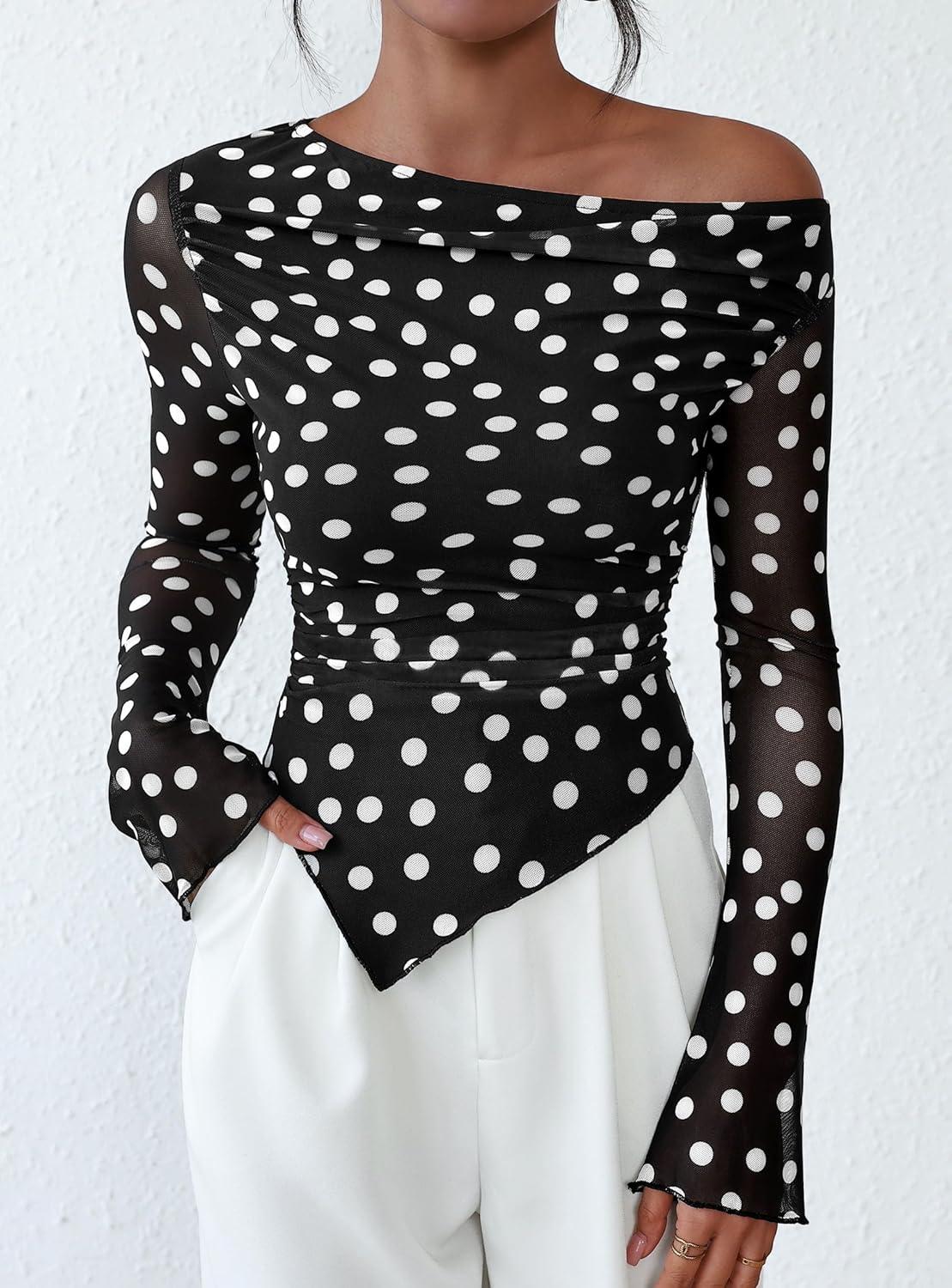 imagePRETTYGARDEN Womens Fall Trendy Off Shoulder Y2k Tops 2025 Tie Dye Mesh Long Sleeve Shirts Asymmetrical Ruched Floral BlouseSmall Dot Black