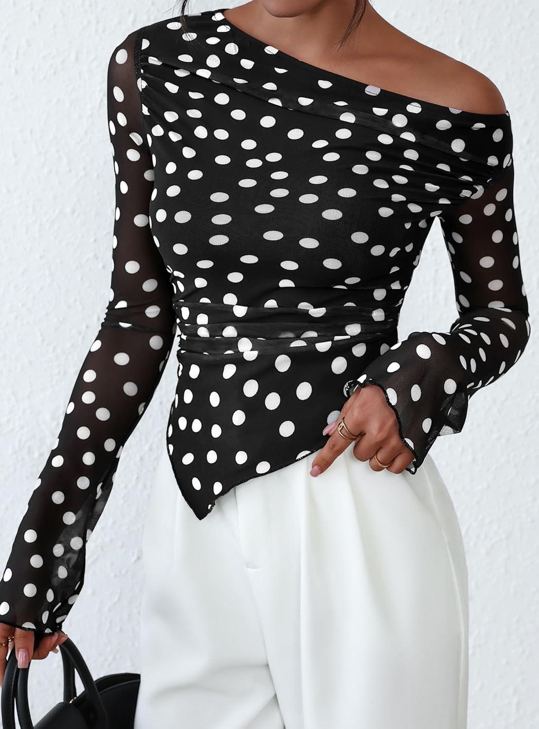 imagePRETTYGARDEN Womens Fall Trendy Off Shoulder Y2k Tops 2025 Tie Dye Mesh Long Sleeve Shirts Asymmetrical Ruched Floral BlouseSmall Dot Black