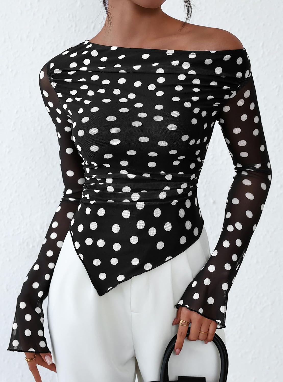 imagePRETTYGARDEN Womens Fall Trendy Off Shoulder Y2k Tops 2025 Tie Dye Mesh Long Sleeve Shirts Asymmetrical Ruched Floral BlouseSmall Dot Black