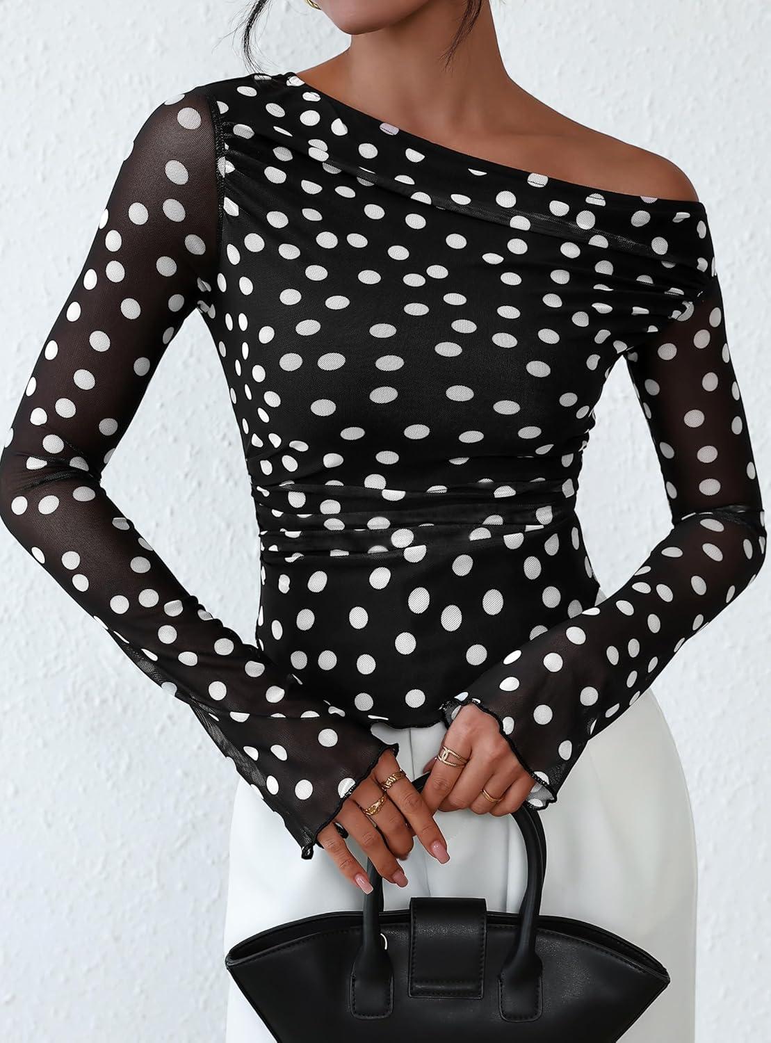 imagePRETTYGARDEN Womens Fall Trendy Off Shoulder Y2k Tops 2025 Tie Dye Mesh Long Sleeve Shirts Asymmetrical Ruched Floral BlouseSmall Dot Black