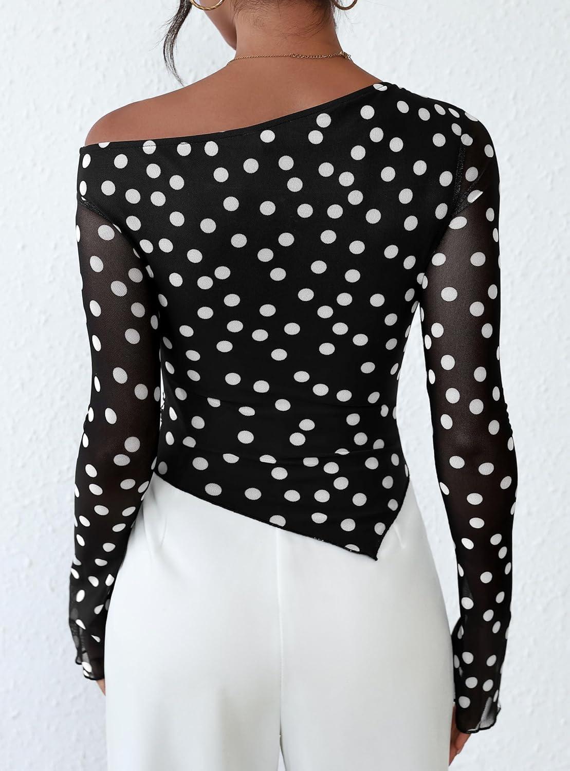 imagePRETTYGARDEN Womens Fall Trendy Off Shoulder Y2k Tops 2025 Tie Dye Mesh Long Sleeve Shirts Asymmetrical Ruched Floral BlouseSmall Dot Black