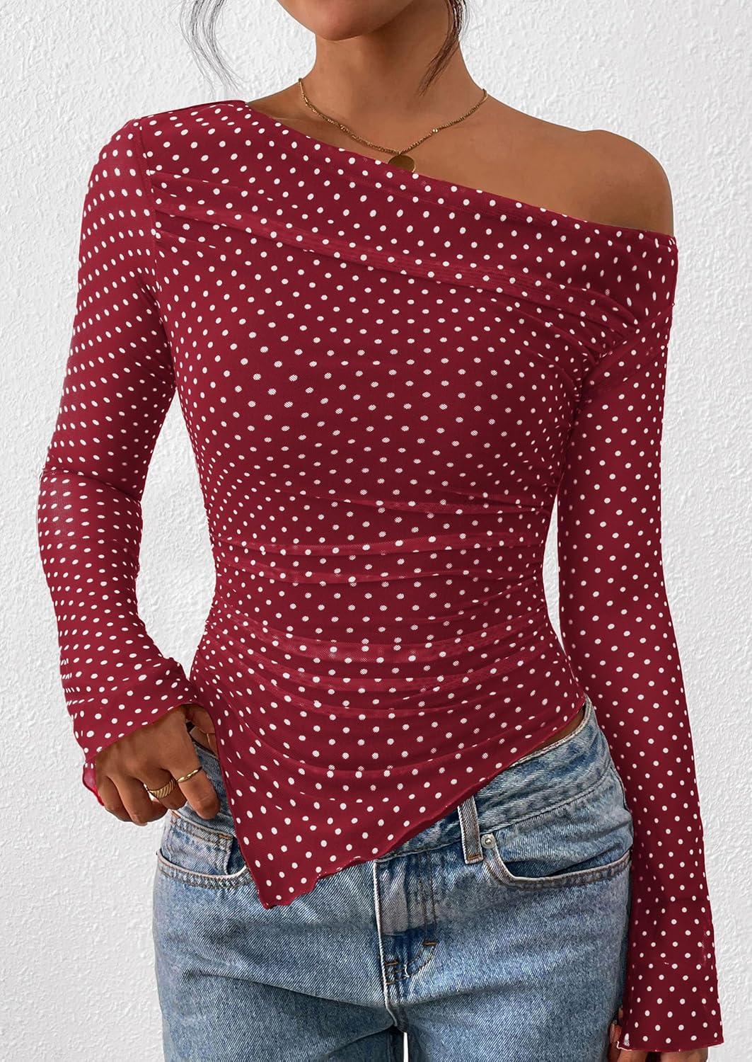 imagePRETTYGARDEN Womens Fall Trendy Off Shoulder Y2k Tops 2025 Tie Dye Mesh Long Sleeve Shirts Asymmetrical Ruched Floral BlouseSmall Dot Red White