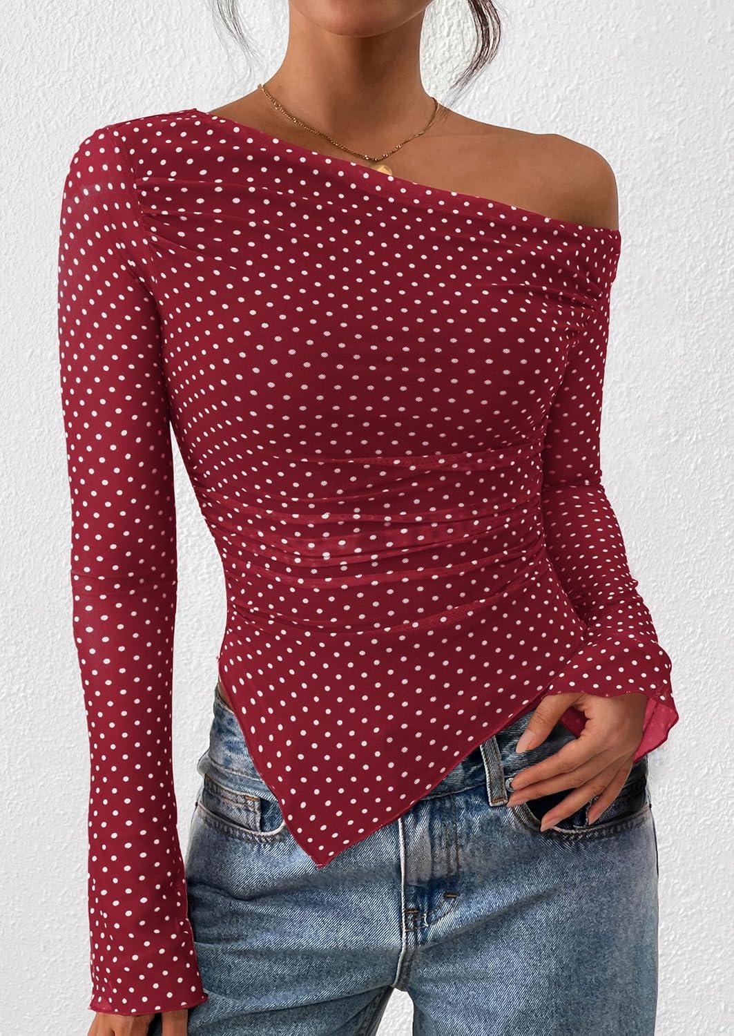 imagePRETTYGARDEN Womens Fall Trendy Off Shoulder Y2k Tops 2025 Tie Dye Mesh Long Sleeve Shirts Asymmetrical Ruched Floral BlouseSmall Dot Red White