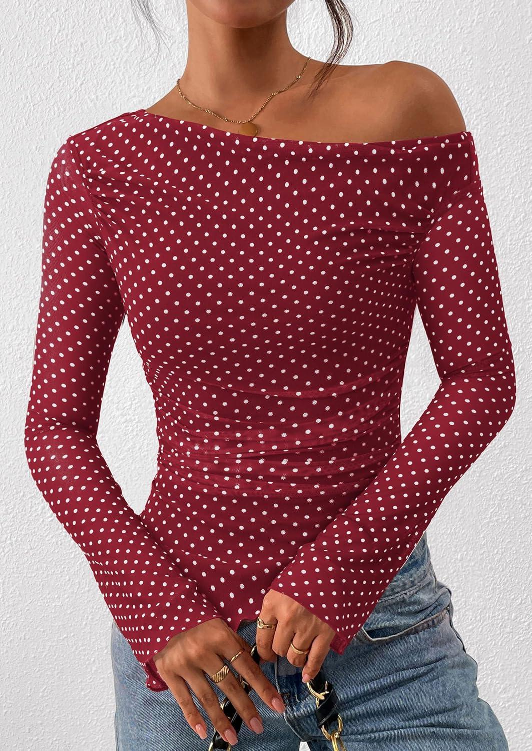 imagePRETTYGARDEN Womens Fall Trendy Off Shoulder Y2k Tops 2025 Tie Dye Mesh Long Sleeve Shirts Asymmetrical Ruched Floral BlouseSmall Dot Red White