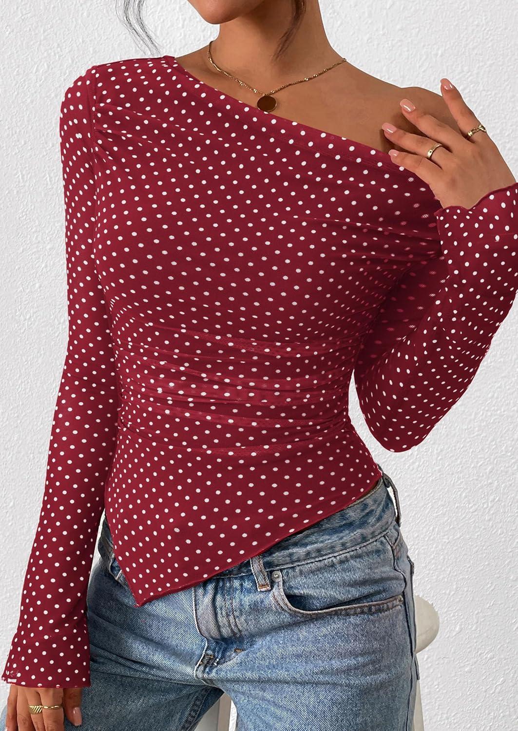 imagePRETTYGARDEN Womens Fall Trendy Off Shoulder Y2k Tops 2025 Tie Dye Mesh Long Sleeve Shirts Asymmetrical Ruched Floral BlouseSmall Dot Red White