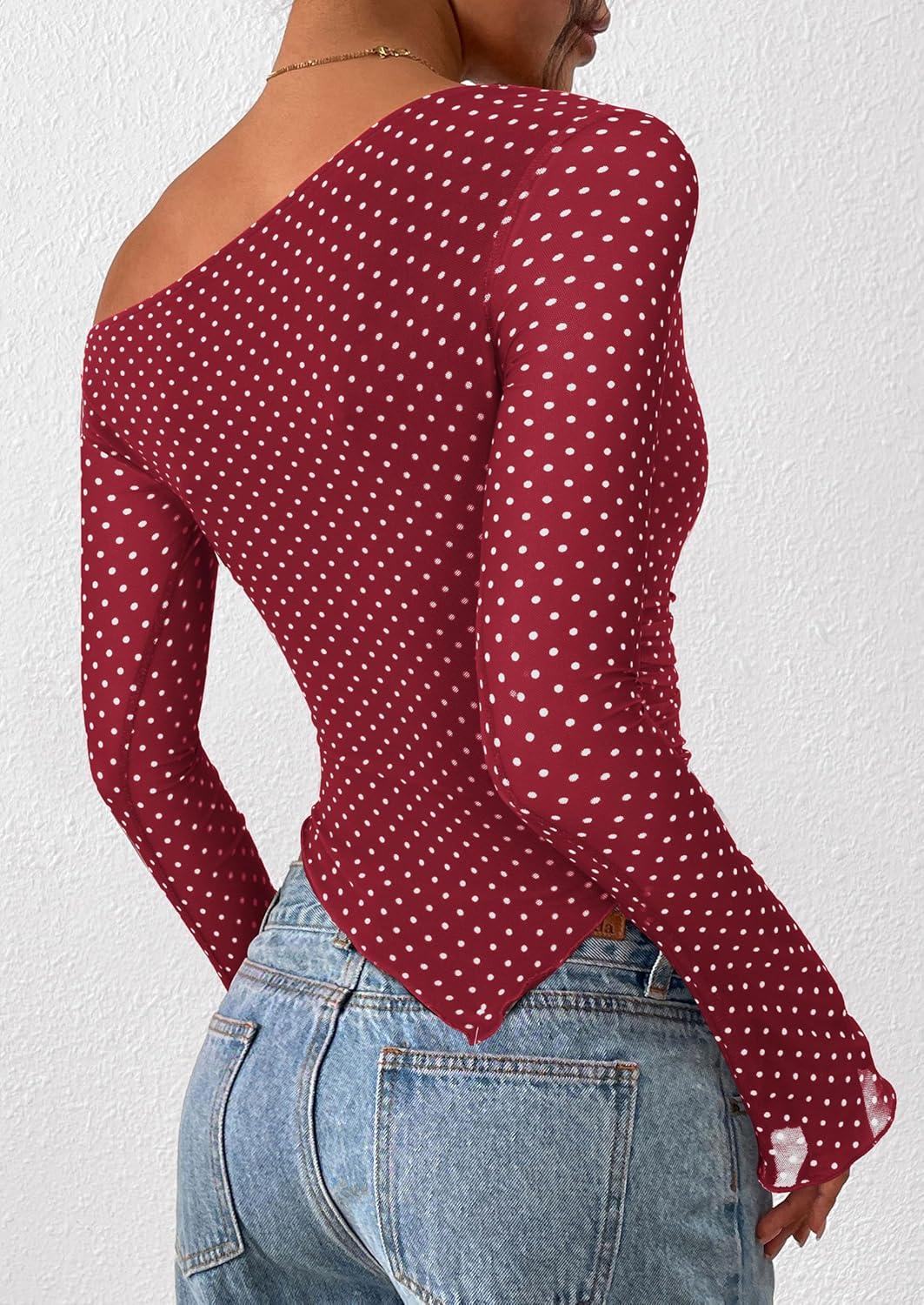 imagePRETTYGARDEN Womens Fall Trendy Off Shoulder Y2k Tops 2025 Tie Dye Mesh Long Sleeve Shirts Asymmetrical Ruched Floral BlouseSmall Dot Red White