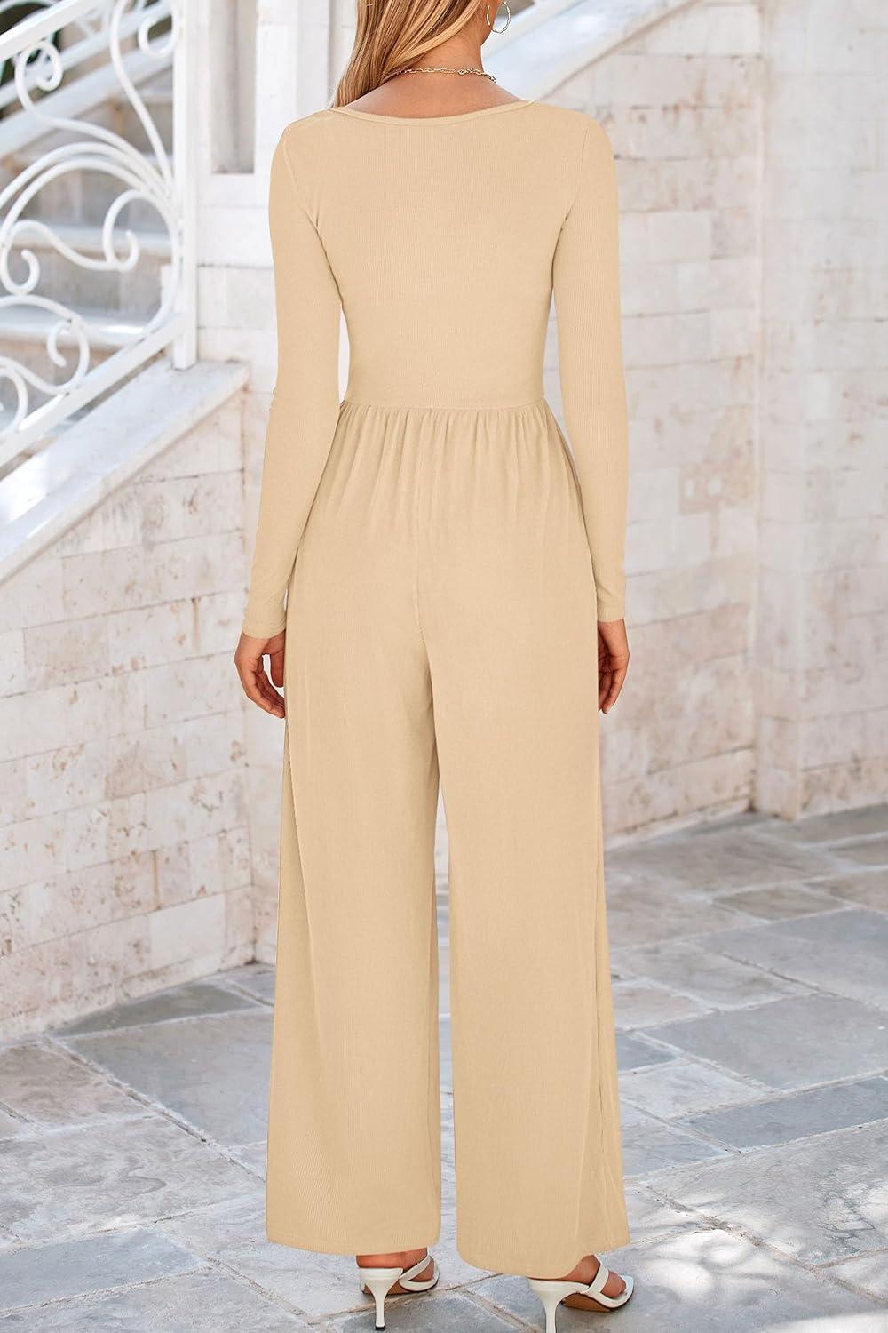 imagePRETTYGARDEN Womens Jumpsuits Dressy Casual Fall Fashion 2025 Trendy Long Sleeve Wide Leg Rompers Spring Work Office OutfitsBeige