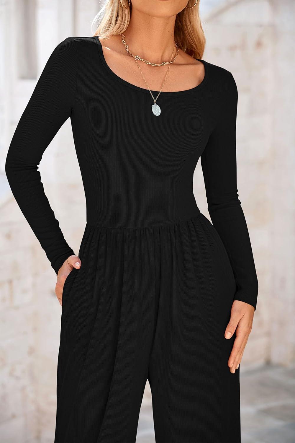 imagePRETTYGARDEN Womens Jumpsuits Dressy Casual Fall Fashion 2025 Trendy Long Sleeve Wide Leg Rompers Spring Work Office OutfitsBlack